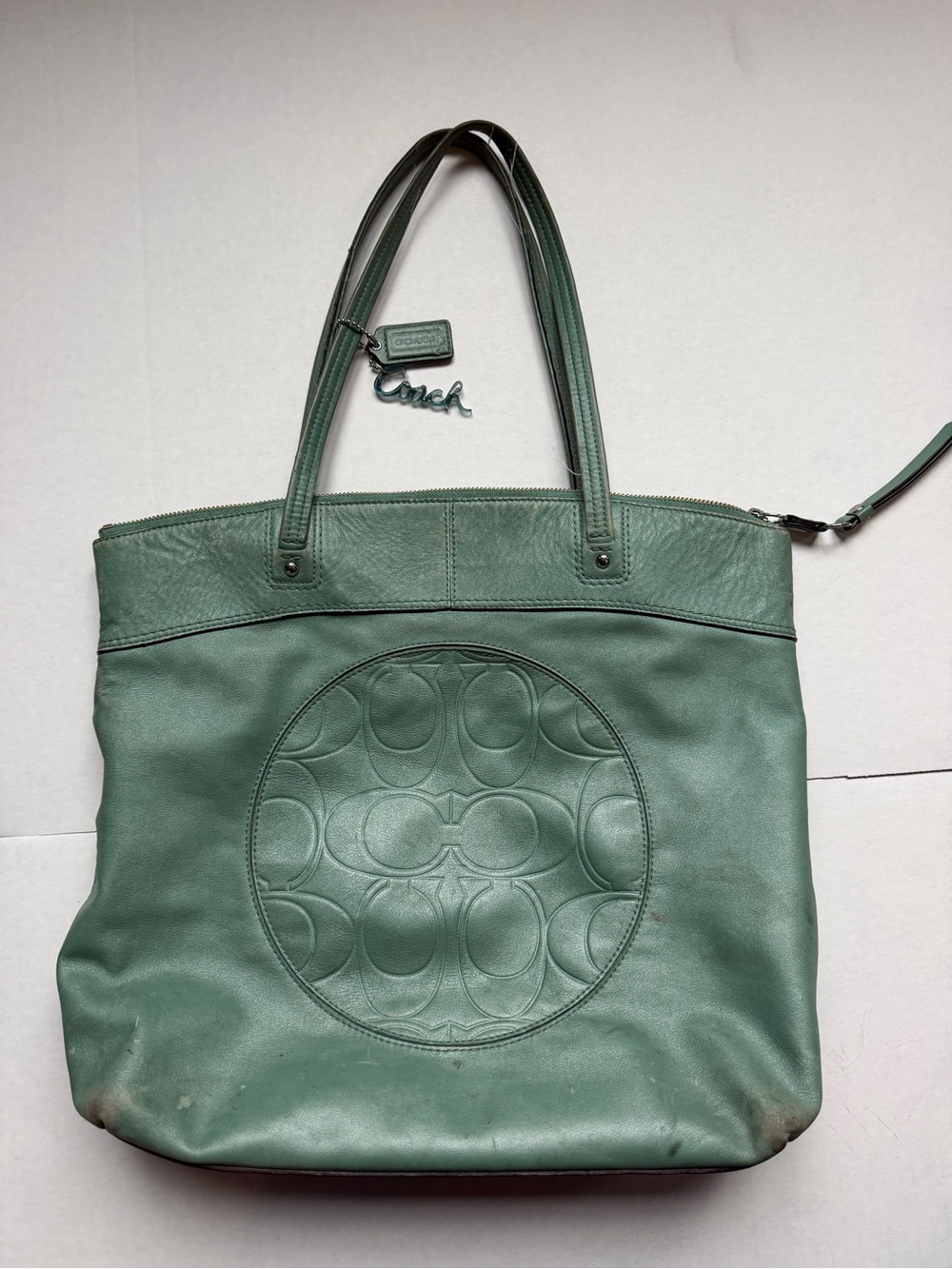 Coach Green Leather Tote Bag Large Embossed Signature C Vintage Y2K Well Loved